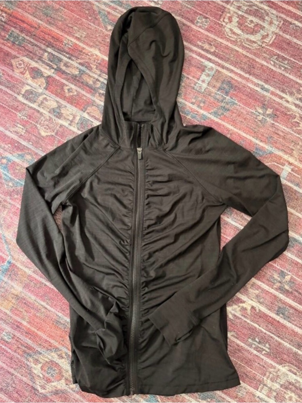 Athleta Black Hooded Ruched Zip Utility Jacket